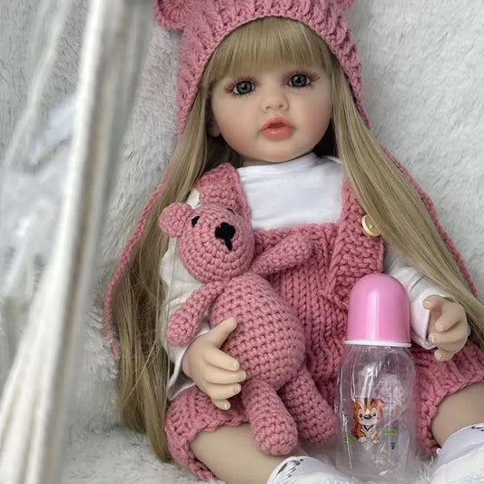 BZDOLL 55cm 22inch Lifelike Reborn Baby Girl Doll Soft Silicone Long Brown Hair Realistic Princess Toddler Bebe Birthday Gift