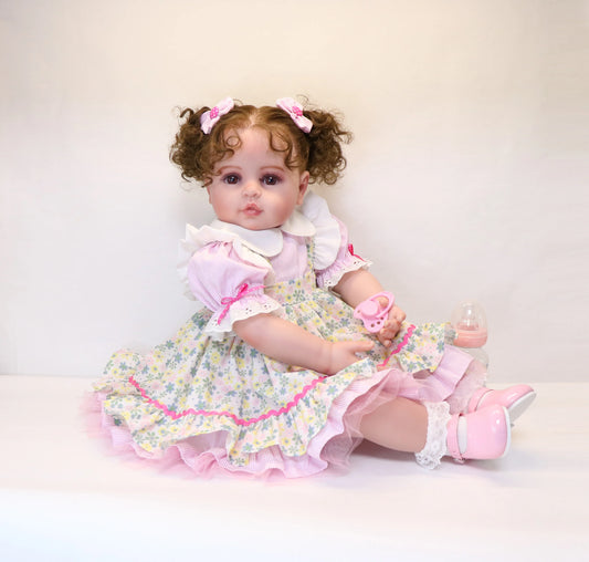 24 inch Lovely Reborn Baby Girl Dolls Toddler Realistic Looking Life Like Baby Doll Soft Vinyl Brown Curly Hair Babies Toy
