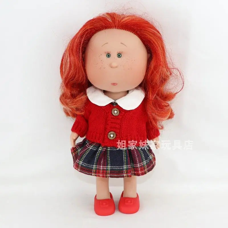 Spanish Mia Potato Doll Style Red Hair Freckles Small Eyes Fashion Collectible Vinyl Doll Knit Cardigan Plaid Skirt Dress Up Toy