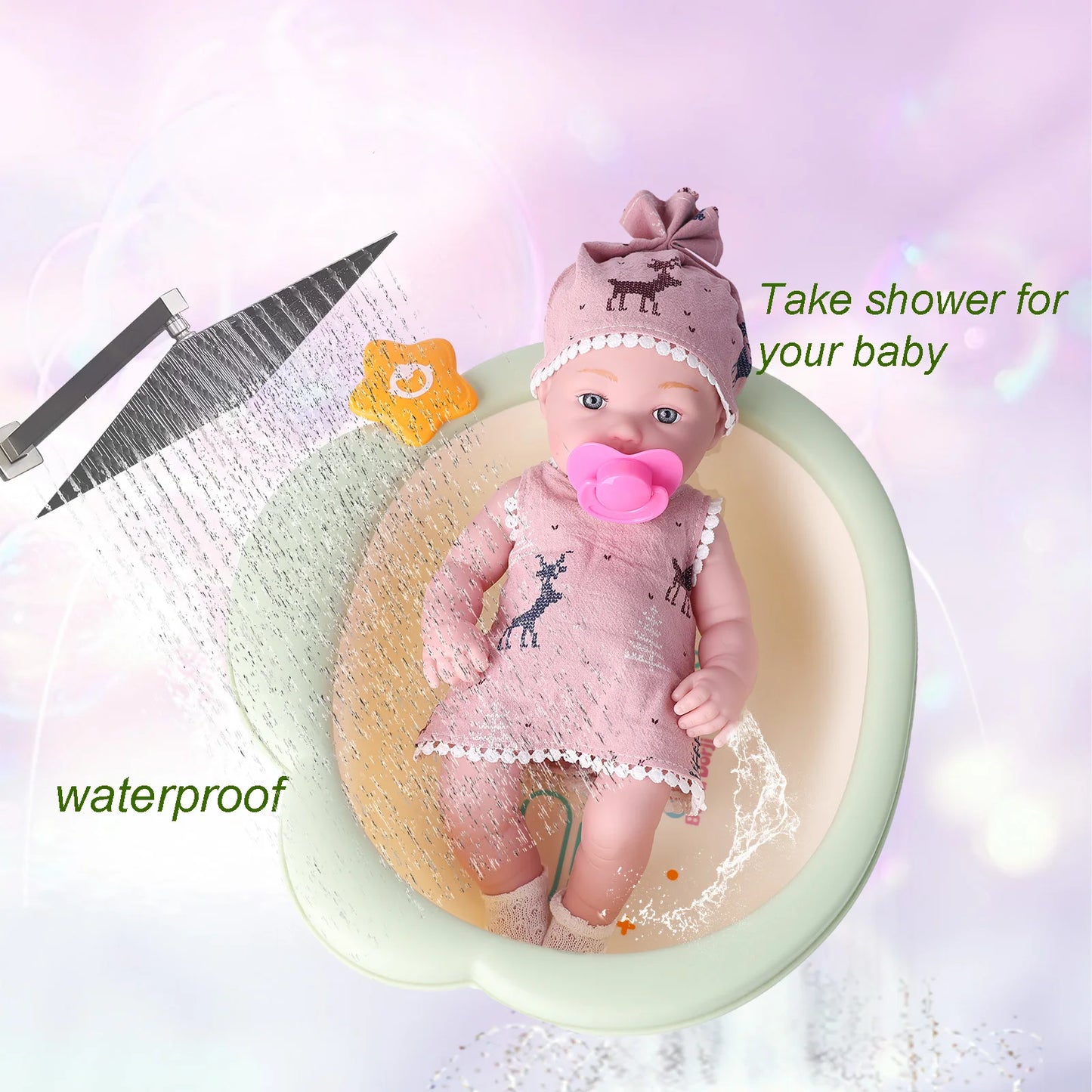 32cm Reborn Vinyl Doll 12.6" Interactive Baby Toy for Kids 3+ Pink Deer Dress with Pacifier Lifelike Birthday Gift for Girls