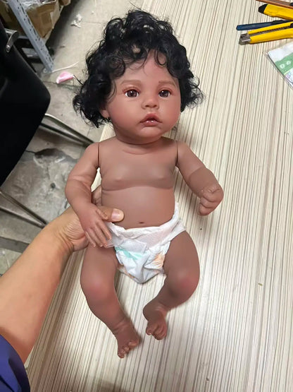 18inch Full Vinyl Body Reborn Baby Doll Meadow in Dark Skin African American Baby dolls with Black Hair Washable Toys for Girls
