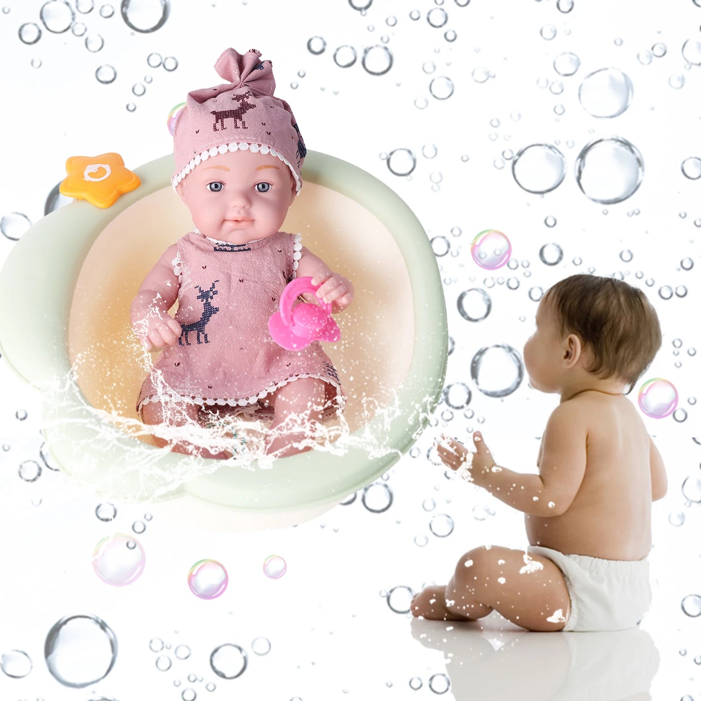 32cm Reborn Vinyl Doll 12.6" Interactive Baby Toy for Kids 3+ Pink Deer Dress with Pacifier Lifelike Birthday Gift for Girls