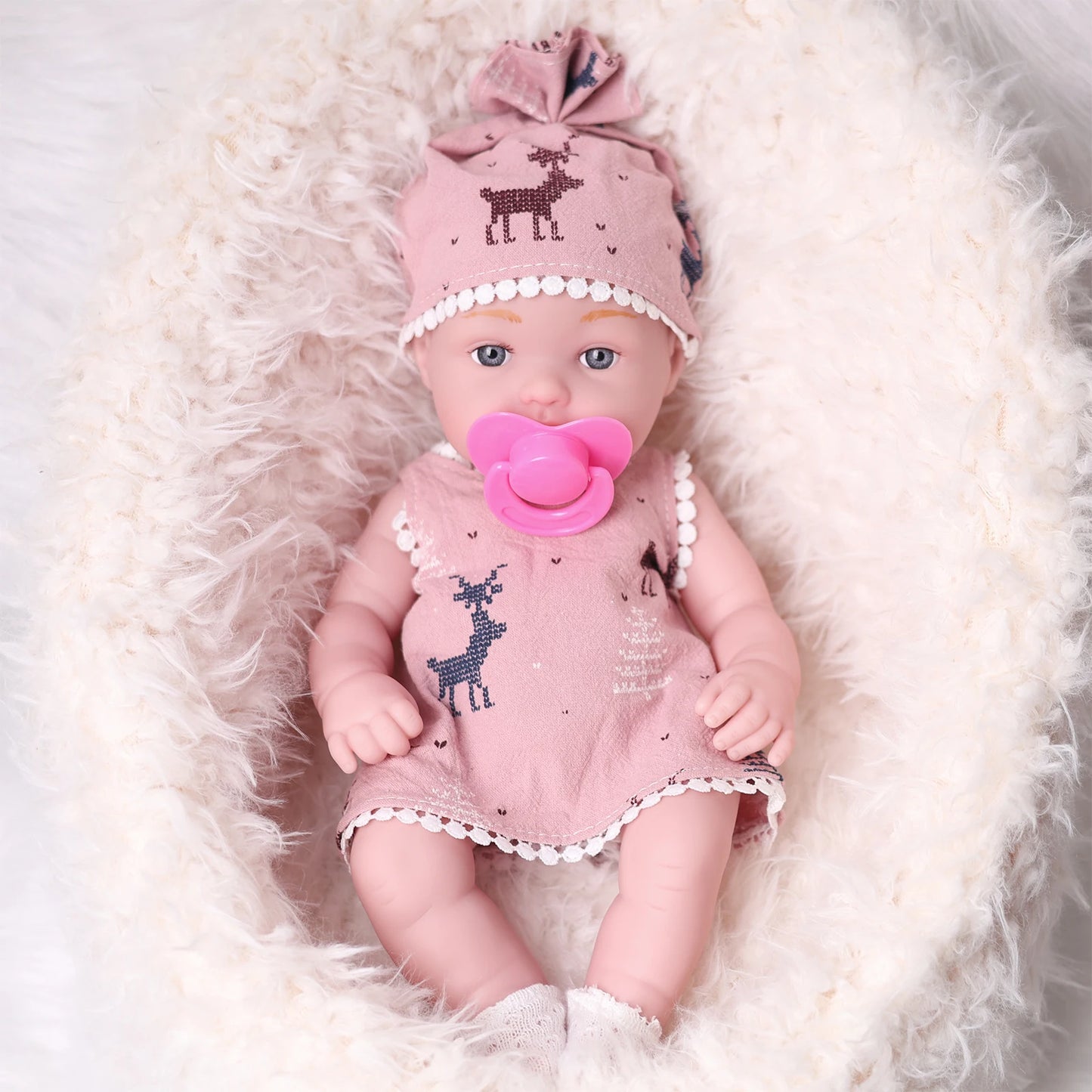 32cm Reborn Vinyl Doll 12.6" Interactive Baby Toy for Kids 3+ Pink Deer Dress with Pacifier Lifelike Birthday Gift for Girls