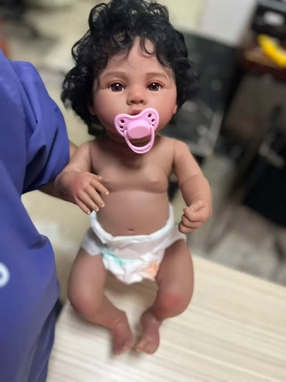 18inch Full Vinyl Body Reborn Baby Doll Meadow in Dark Skin African American Baby dolls with Black Hair Washable Toys for Girls