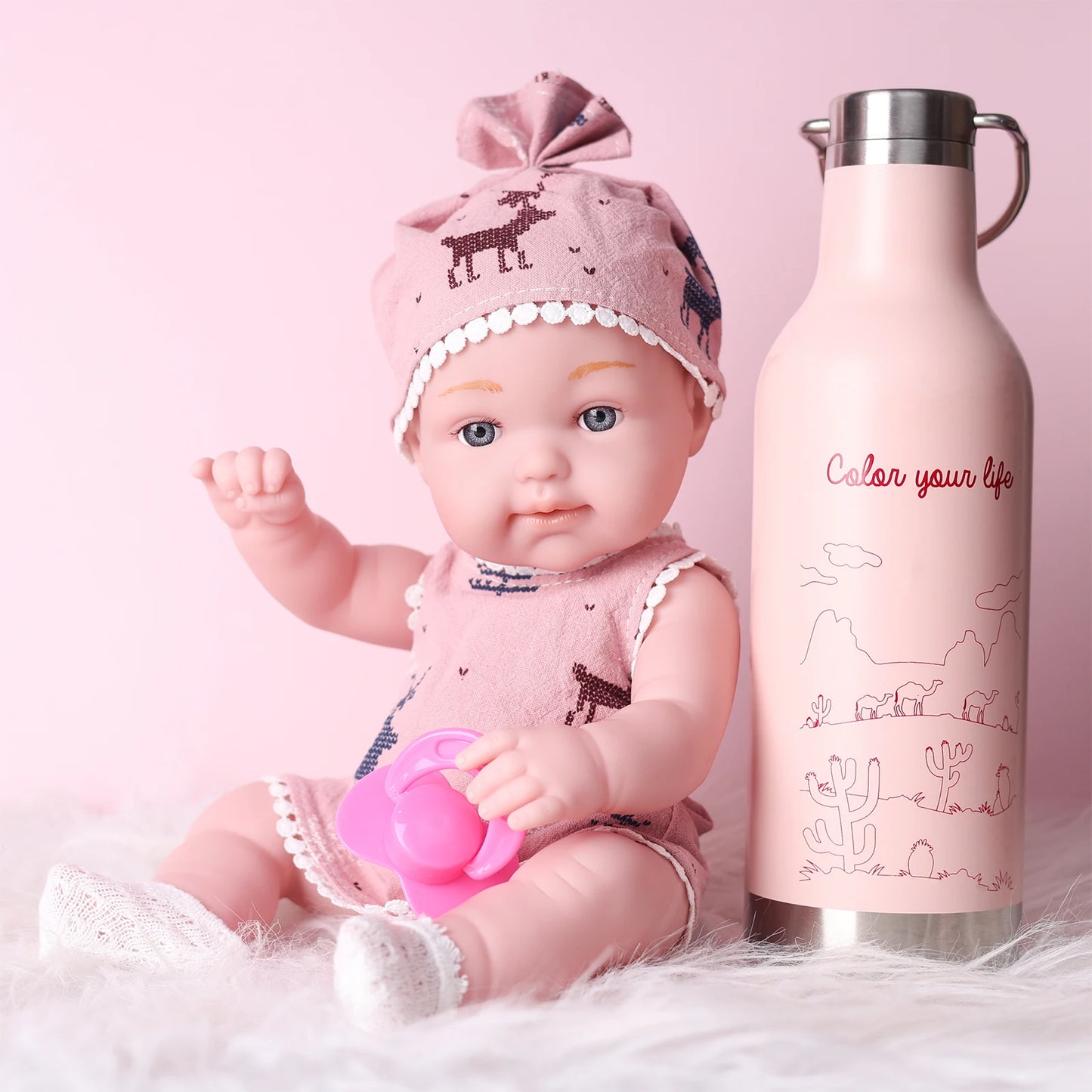 32cm Reborn Vinyl Doll 12.6" Interactive Baby Toy for Kids 3+ Pink Deer Dress with Pacifier Lifelike Birthday Gift for Girls