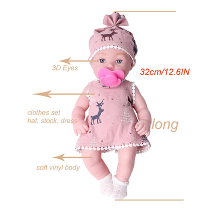 32cm Reborn Vinyl Doll 12.6" Interactive Baby Toy for Kids 3+ Pink Deer Dress with Pacifier Lifelike Birthday Gift for Girls