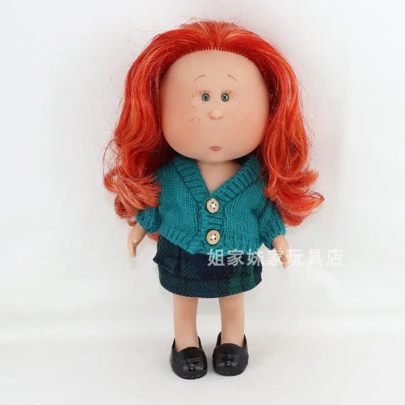 Spanish Mia Potato Doll Style Red Hair Freckles Small Eyes Fashion Collectible Vinyl Doll Knit Cardigan Plaid Skirt Dress Up Toy