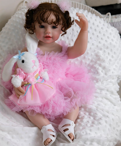 NPK 22inch Lifelike Vinyl Reborn Doll Full Body Rooted Hair Smiling Girl with Visible Veins Realistic Toy Gift for Children