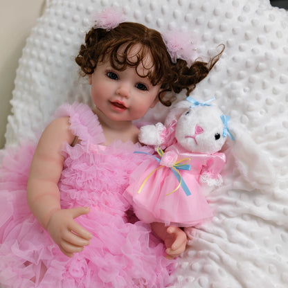 NPK 22inch Lifelike Vinyl Reborn Doll Full Body Rooted Hair Smiling Girl with Visible Veins Realistic Toy Gift for Children
