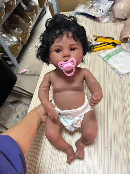 18inch Full Vinyl Body Reborn Baby Doll Meadow in Dark Skin African American Baby dolls with Black Hair Washable Toys for Girls