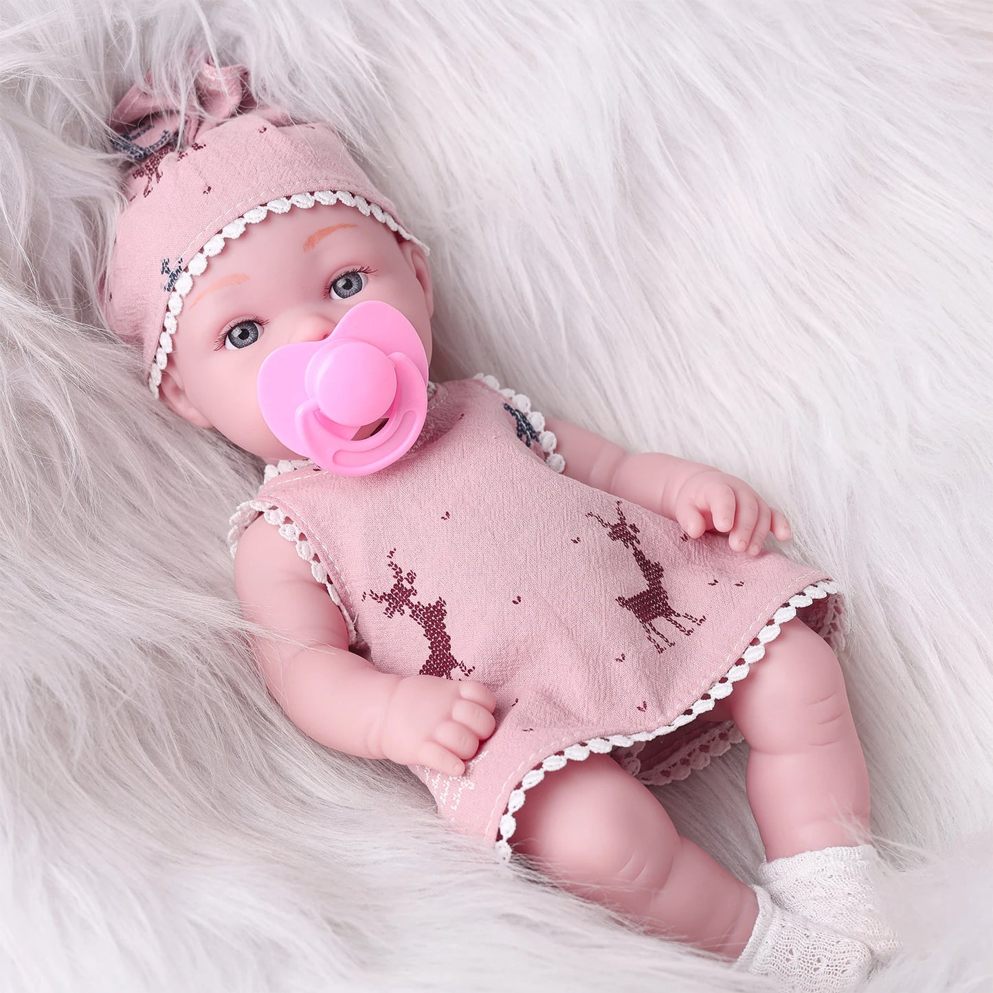32cm Reborn Vinyl Doll 12.6" Interactive Baby Toy for Kids 3+ Pink Deer Dress with Pacifier Lifelike Birthday Gift for Girls